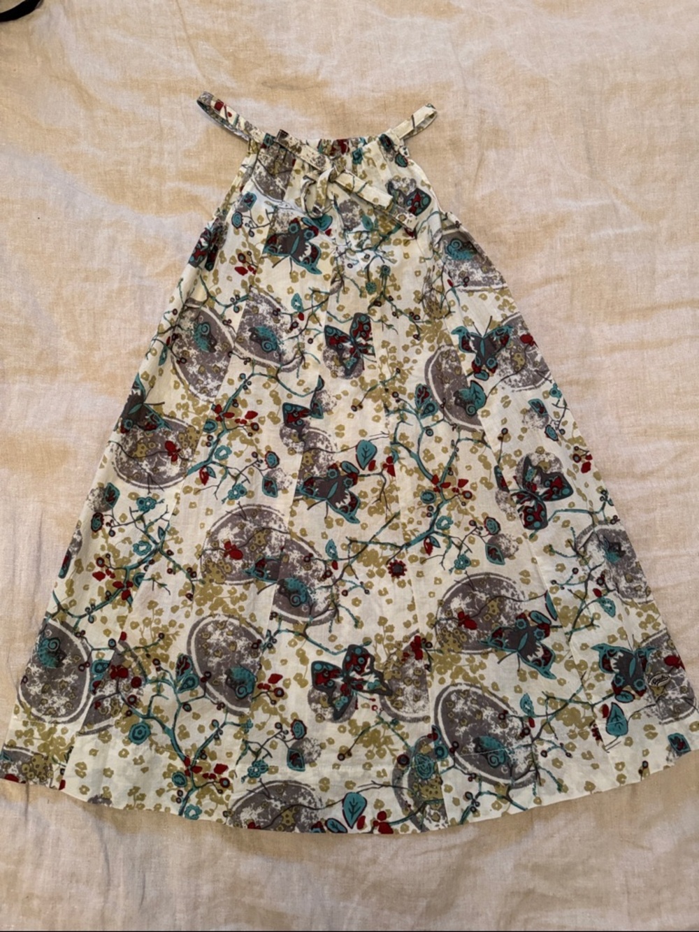 Source Unknown Cream Halter Dress with Teal and Red Floral Print